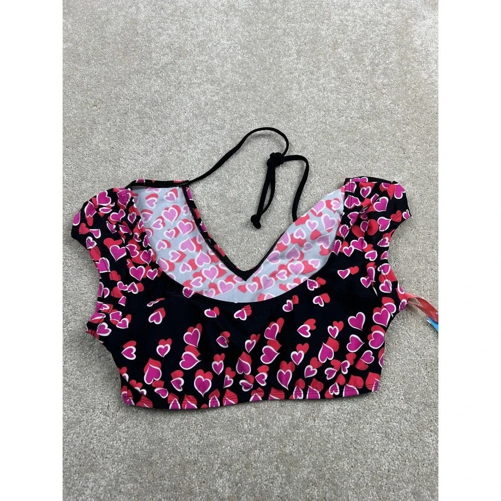 L'Amour Nanette Lepore Swim Top Girls M Black‎ Heart Print Athletic Short Sleeve